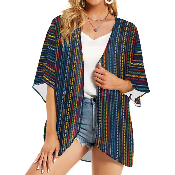 colored chain print Women's Kimono Chiffon Cover Up (Model H51) - Objet D'Art