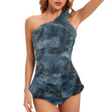 bluish gray palms Women's One Shoulder Backless Swimsuit (Model S44) - Objet D'Art