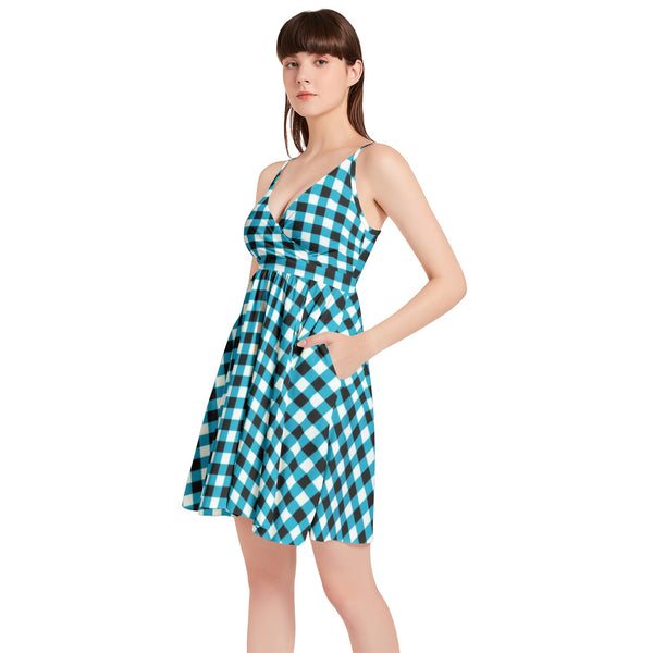 Plaid Spaghetti Strap Sleeveless Falred Hem Short Dress - Objet D'Art