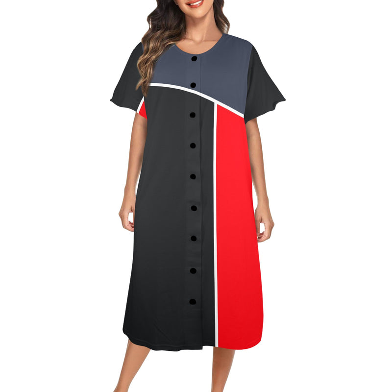 gray black red print 2A Women's Button Front House Dress - Objet D'Art