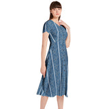 Paisley Blue Striped Puff Sleeve Button Through Dress - Objet D'Art