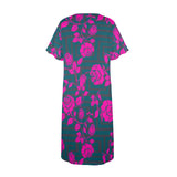 fuchsia rose emerald green greek key print 4 Women's Button Front House Dress - Objet D'Art