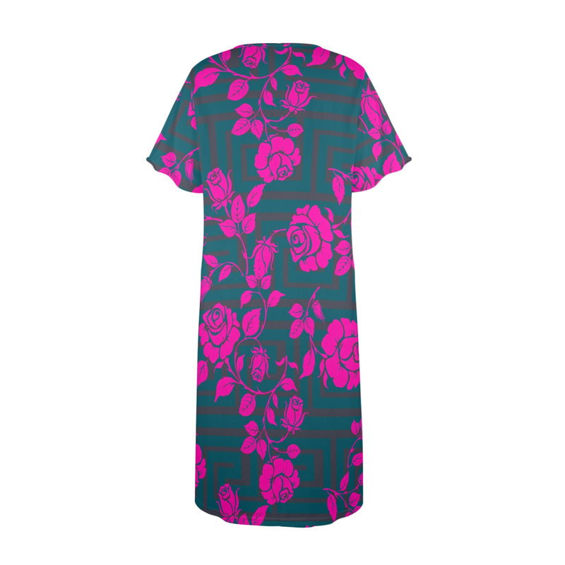 fuchsia rose emerald green greek key print 4 Women's Button Front House Dress - Objet D'Art
