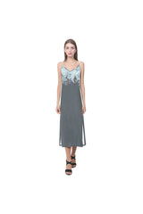 white gray floral V-Neck Open Fork Long Dress(Model D18) - Objet D'Art