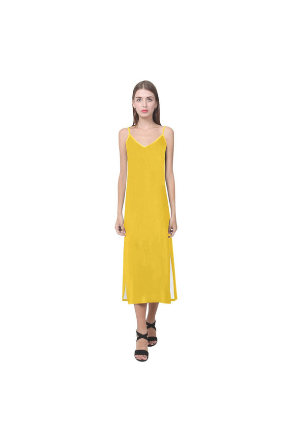 Golden Yellow V-Neck Open Fork Long Dress(Model D18) - Objet D'Art