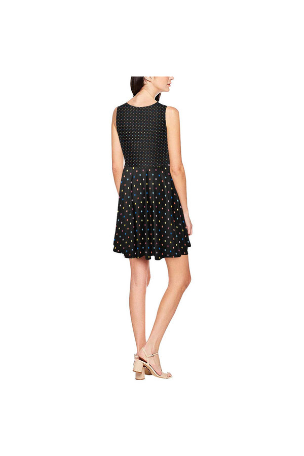 Color Polka Dots on Black Thea Sleeveless Skater Dress(Model D19) - Objet D'Art