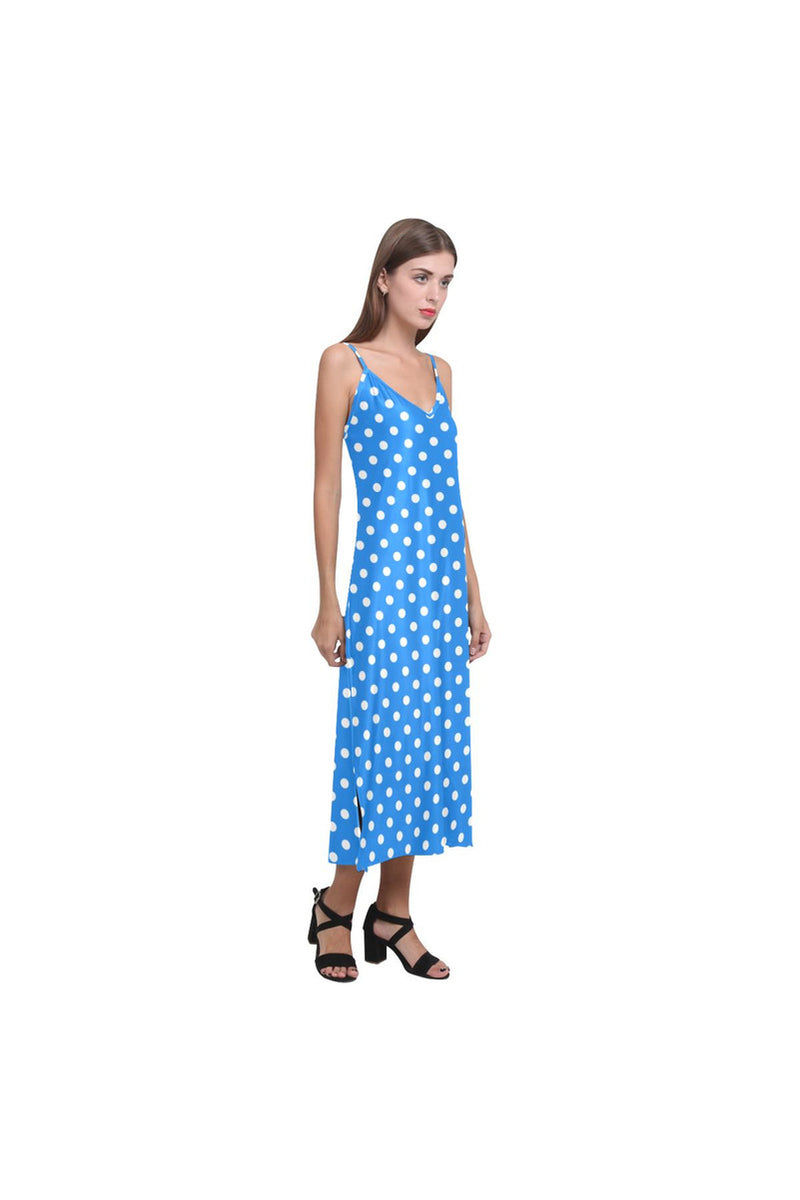 Coral Blue Pollka Dot V-Neck Open Fork Long Dress(Model D18) - Objet D'Art