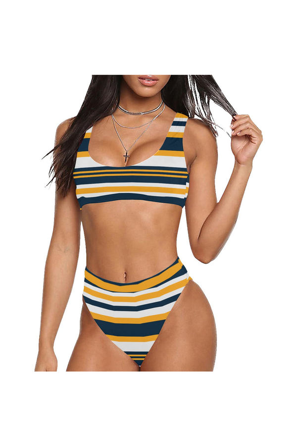 Gold & Blue Stripe Sport Top & High-Waisted Bikini Swimsuit - Objet D'Art