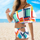 color fun print 2 Women's Ruffle Off Shoulder Bikini Swimsuit (Model S45) - Objet D'Art