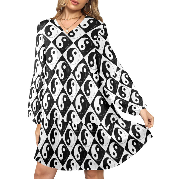 yin and yang bw print 2 V-Neck Loose Fit Dress (Model D66) - Objet D'Art