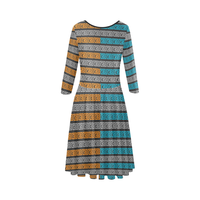 blue gray greek key print Tethys Half-Sleeve Skater Dress(Model D20) - Objet D'Art