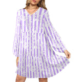 lavender floral stripes print V-Neck Loose Fit Dress (Model D66) - Objet D'Art