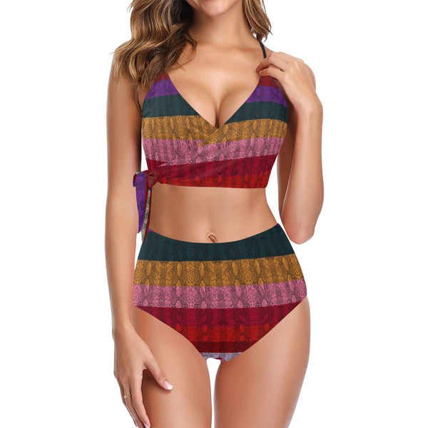 2 multicolored snakeskin2 Knot Side Bikini Swimsuit (Model S37) - Objet D'Art