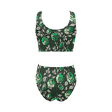 green rose print 2 Chest Bowknot Bikini Swimsuit (Model S33) - Objet D'Art