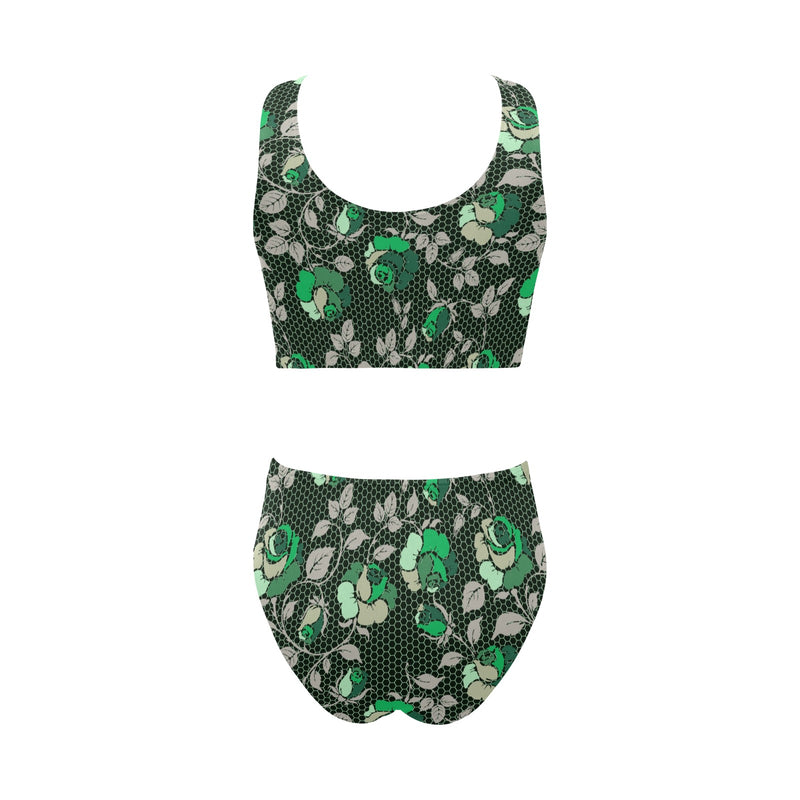 green rose print 2 Chest Bowknot Bikini Swimsuit (Model S33) - Objet D'Art