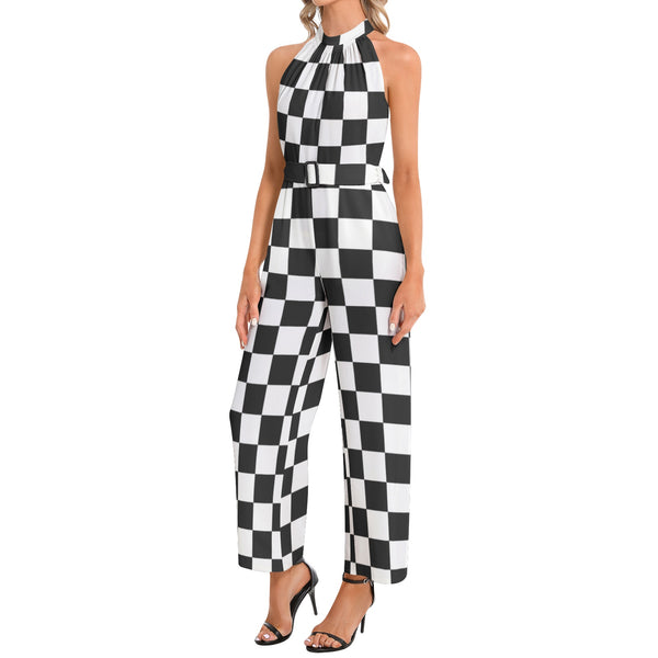 Black and White Checkered Halter Neck Buckle Belted Jumpsuit - Objet D'Art