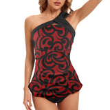 red and black scroll print Women's One Shoulder Backless Swimsuit (Model S44) - Objet D'Art