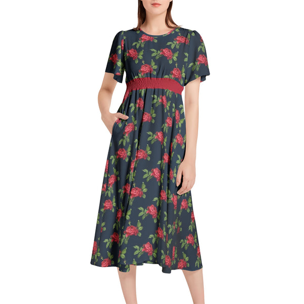Red Rose Short Sleeve Shirred Waist Midi Dress - Objet D'Art
