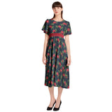 Red Rose Short Sleeve Shirred Waist Midi Dress - Objet D'Art