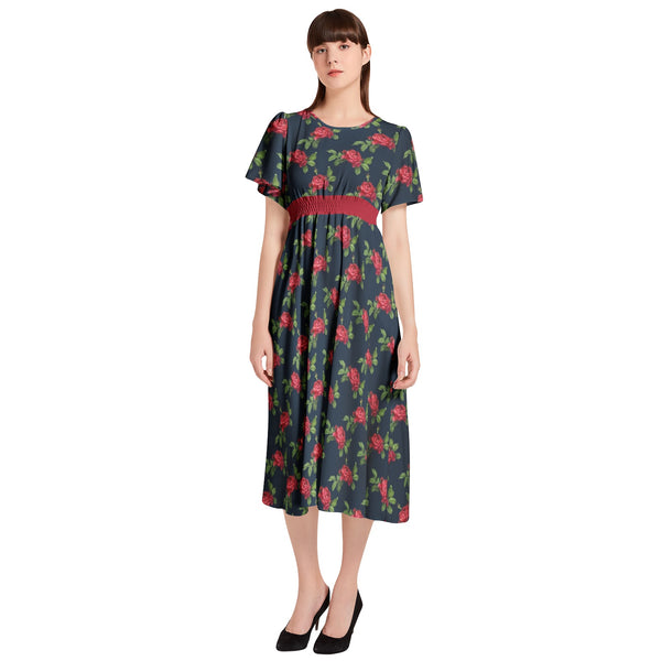 Red Rose Short Sleeve Shirred Waist Midi Dress - Objet D'Art