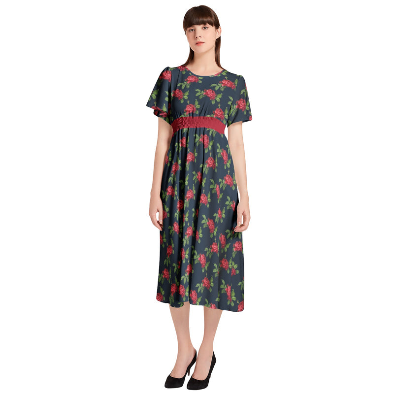 Red Rose Short Sleeve Shirred Waist Midi Dress - Objet D'Art
