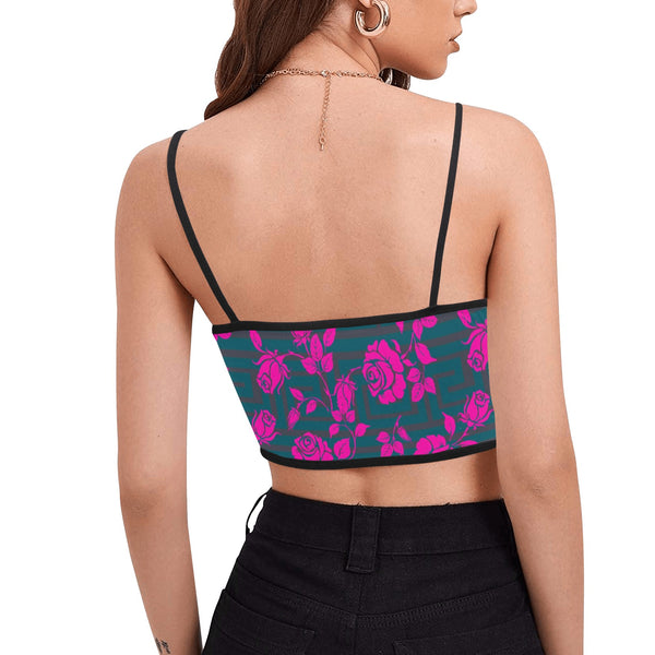 fuchsia rose emerald green greek key print 4 Women's Spaghetti Strap Crop Top (Model T67) - Objet D'Art