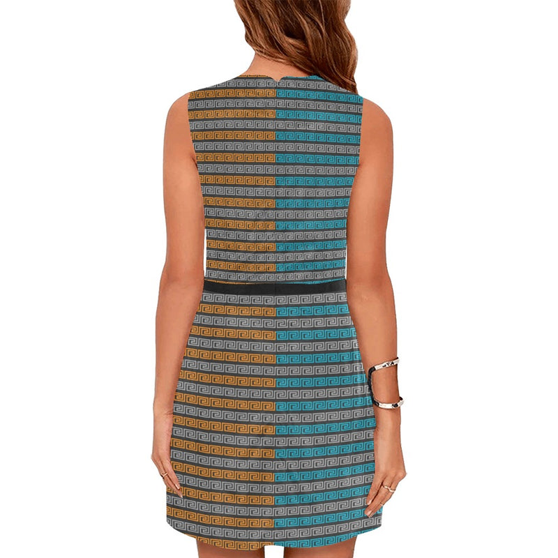 warm cool neutral colors greek key print Eos Women's Sleeveless Dress (Model D01) - Objet D'Art