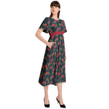 Red Rose Short Sleeve Shirred Waist Midi Dress - Objet D'Art