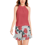 Tie Neck Halter Top and Ruffle Hem Short Set - Objet D'Art