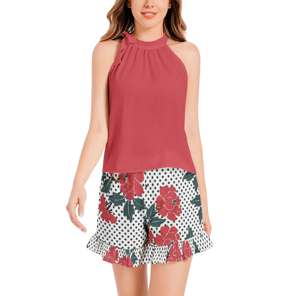 Tie Neck Halter Top and Ruffle Hem Short Set - Objet D'Art