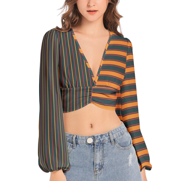 Women's Deep V-Neck Lantern Sleeve Crop Top - Objet D'Art