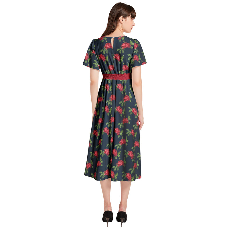 Red Rose Short Sleeve Shirred Waist Midi Dress - Objet D'Art