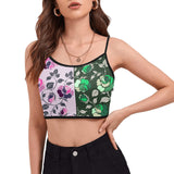 pink green rose print 4 Women's Spaghetti Strap Crop Top (Model T67) - Objet D'Art