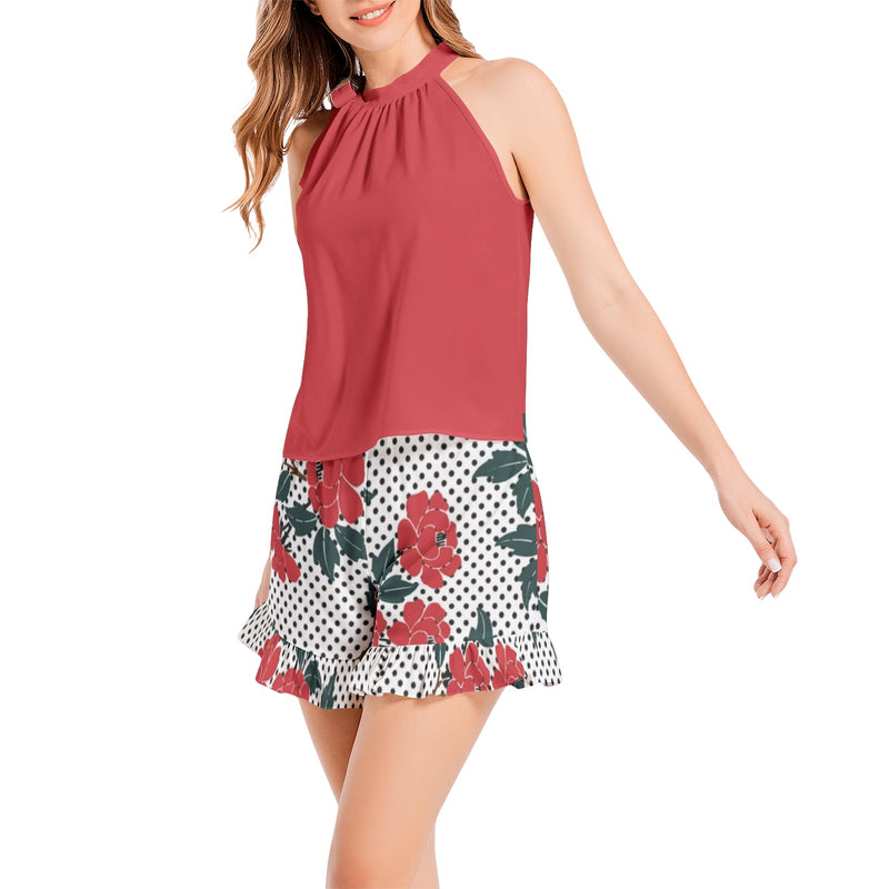 Tie Neck Halter Top and Ruffle Hem Short Set - Objet D'Art