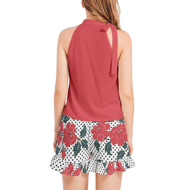 Tie Neck Halter Top and Ruffle Hem Short Set - Objet D'Art