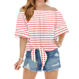 red hot hearts print Off Shoulder Knot Front Blouse (Model T71) - Objet D'Art