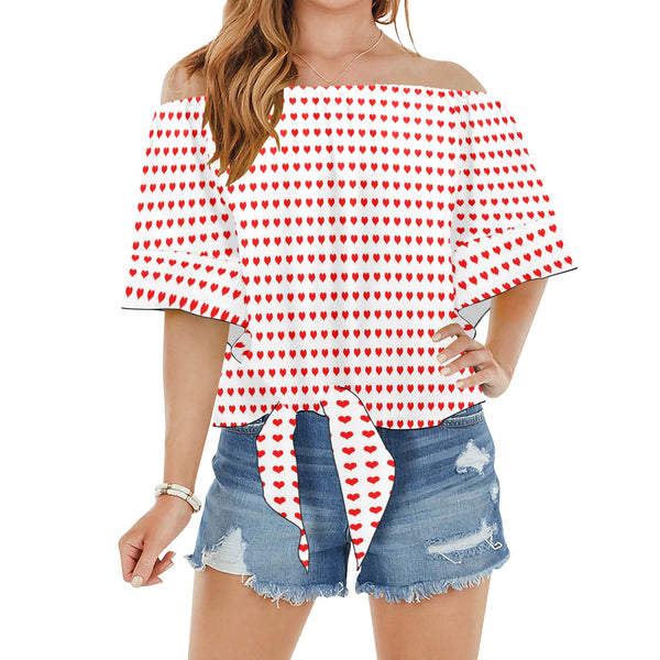 red hot hearts print Off Shoulder Knot Front Blouse (Model T71) - Objet D'Art