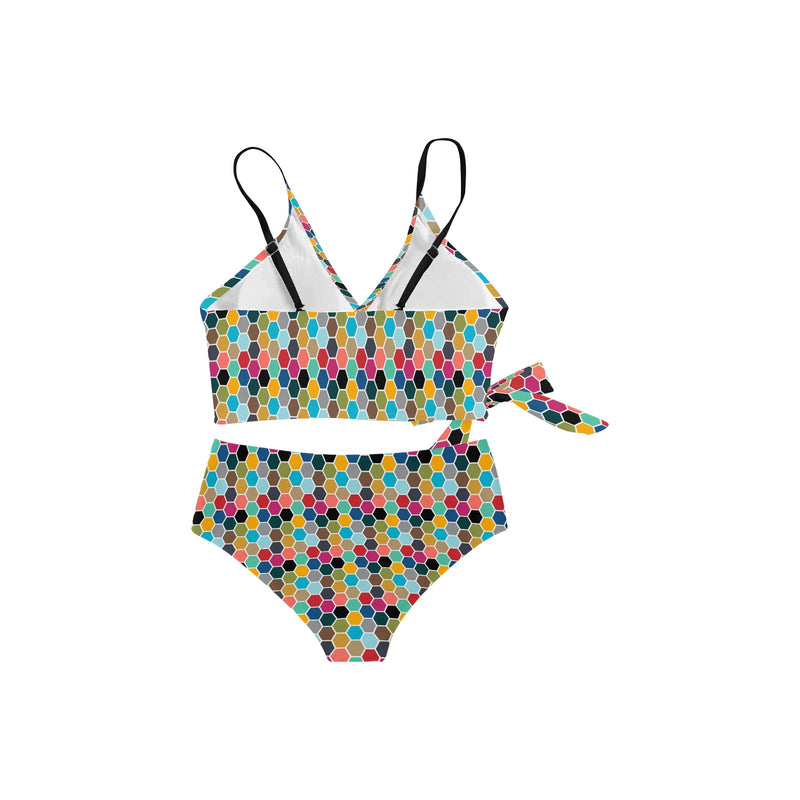 colorful hex swimwear print Knot Side Bikini Swimsuit (Model S37) - Objet D'Art