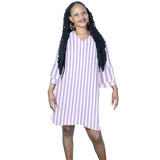 lavender stripes 2 Half Sleeves V-Neck Mini Dress (Model D63) - Objet D'Art