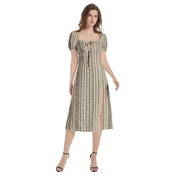 Puff Sleeve Split Thigh Midi Dress - Objet D'Art