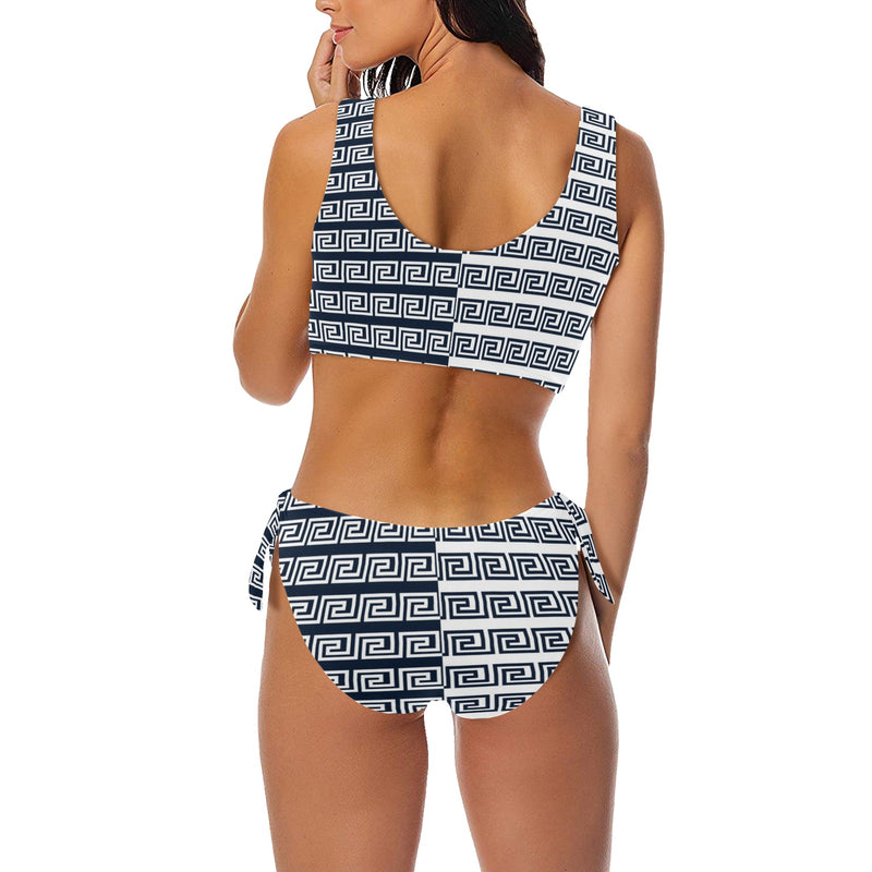 white on blue greek key print Bow Tie Front Bikini Swimsuit (Model S38) - Objet D'Art