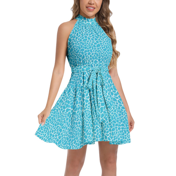 Animal Print Ruffle Hem Belted Halter Dress - Objet D'Art