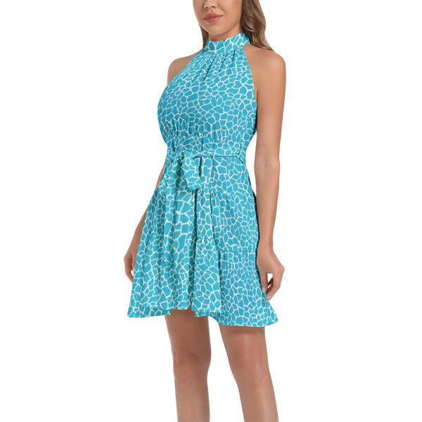 Animal Print Ruffle Hem Belted Halter Dress - Objet D'Art