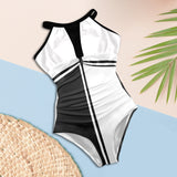 black solid print skirt Women's High Neck Plunge Mesh Ruched Swimsuit (S43) - Objet D'Art