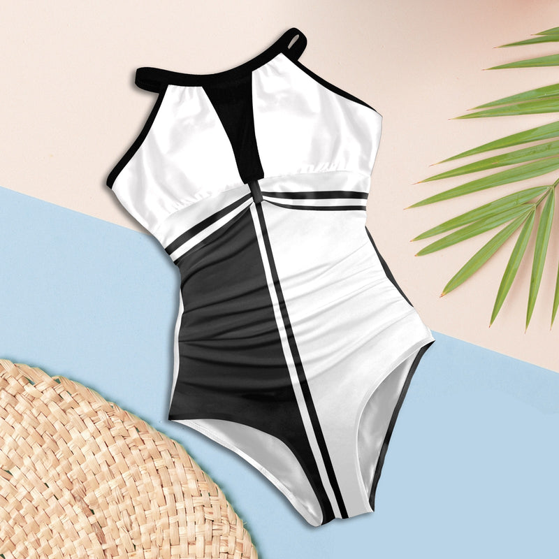 black solid print skirt Women's High Neck Plunge Mesh Ruched Swimsuit (S43) - Objet D'Art