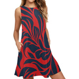 red blue leaf print 2 Sleeveless A-Line Pocket Dress (Model D57) - Objet D'Art