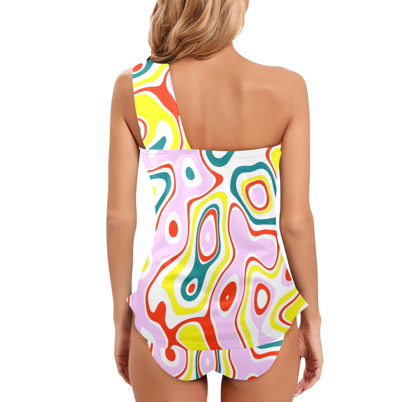 colored splat print 2 Women's One Shoulder Backless Swimsuit (Model S44) - Objet D'Art