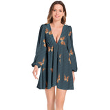 Lantern Sleeve Deep V-Neck Short Dress - Objet D'Art