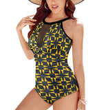 squ tri print Women's High Neck Plunge Mesh Ruched Swimsuit (S43) - Objet D'Art
