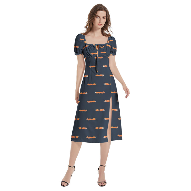 Foxy Puff Sleeve Split Thigh Midi Dress - Objet D'Art